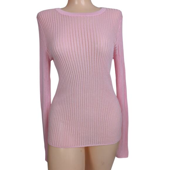 Pastel Pink Sheer Stretch Knit Ribbed Sweater Top Women Small Y2K Coquette Prep - Picture 1 of 4